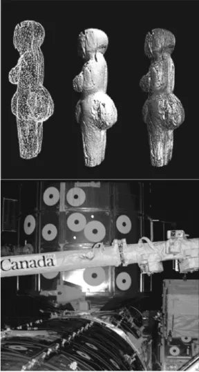 Fig. 8 Applications of 3-D sensor range from high-accuracy 3-D color imaging of inestimable historical objects to inspection of large structures in the harsh environment of space.