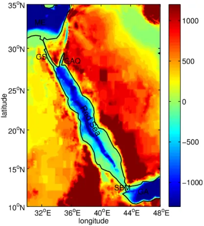 Figure 1.1: Topographic map of the Red Sea. The colors represent elevation and bathymetric  values (m)