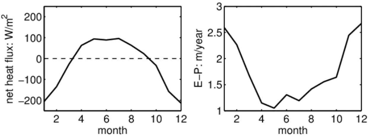 Figure 2.10: Annual mean net heat flux and evaporation rate averaged north of 25°N.  