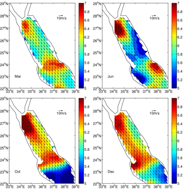 Figure 2.11: Monthly mean of 10-m wind vector field overlapped with its magnitude (color  contours) from QuikSCAT
