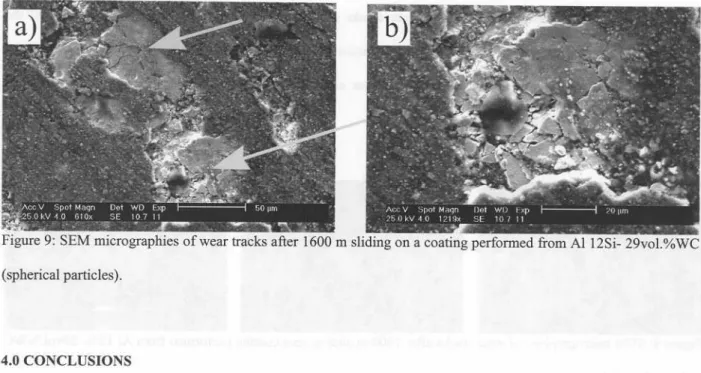 Figure 9: SEM micrographies of wear tracks after 1600 m sliding on a coating performed from A112Si- 29vol.%WC