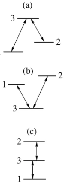 Fig. 1. The excitation schemes of the three-level atom by two resonant fields: (a)  Λ  scheme, (b) V scheme, and (c)  Ξ  scheme.