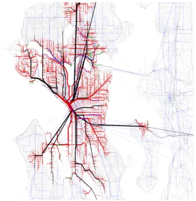 Figure 3-3: A shortest path tree across a graph of street and public transit infrastructure in Seattle