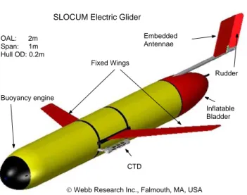 Fig. 2. Rendering of a SLOCUM electric glider. Built by Webb Research Inc., Falmouth, MA, USA; http://www.webbresearch.com.