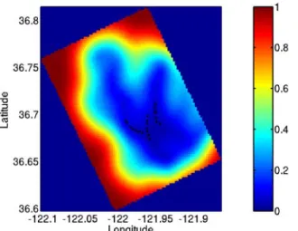 Fig. 20. Error map for towfish with σ = 1.5 km and τ = 1 day. August 16, 2003 demonstration.