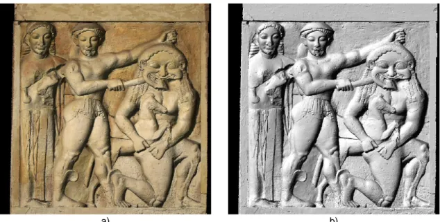 Figure 7. Model of the Metope “Perseo and Medusa”, a) texture-mapped 3D model, b) shaded view  of the same 3D model