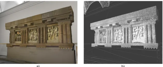 Figure 8. Three-dimensional model of a section of the frieze of Temple C of Selinunte, a) texture- texture-mapped 3D model, b) wire-mesh of 3D model showing the levels of details