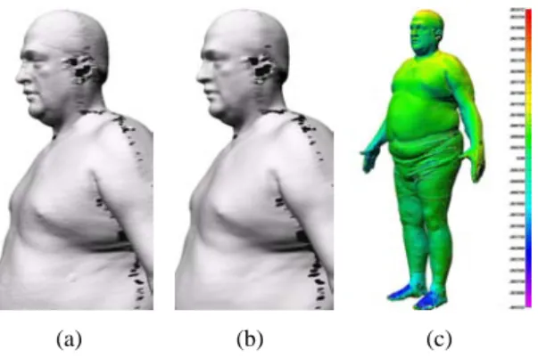Figure 1: Surface smoothing of a 3-D human scan using Taubin filter. (a) Original model