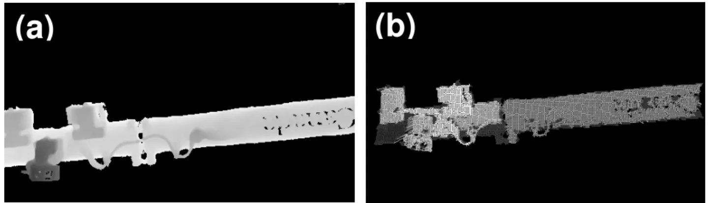 Figure 3. LCS range data from the SSRMS (a) after median filtering, and (b) after segmentation  by anisotropic diffusion
