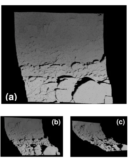 Figure 5. Point cloud data of a drift wall. (a) Front view; (b) and (c) side views. 