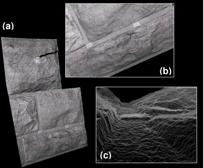 Figure 7. Solid model of a sandstone wall acquired with the LCS. (a) Full scale showing a  section approximately 1 m x 1 m