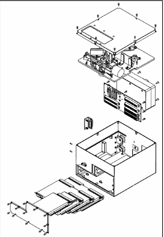 Figure 1. Exploded view showing the major elements of the LCS (from top to bottom): cover and  window, optical compartment, power supply module, main enclosure and electronic control  cards