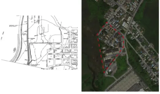 Fig 2.12: Proposed Levee (left, Schuerman, 2013) and Subsequent Townhouse Development  (right, Google Maps), with Parcel Outlined.