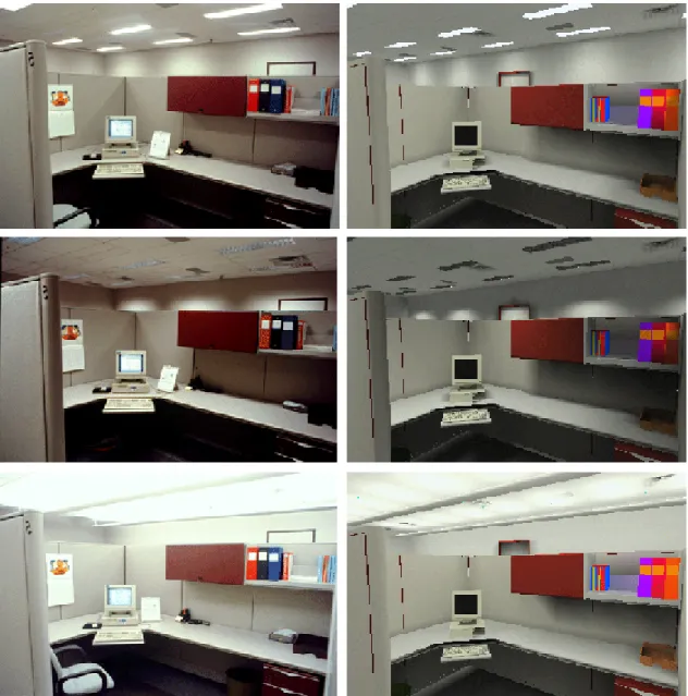 Figure 1.  An open-plan office space lit with three different lighting systems.  Photographs of the  real space (left) are compared with Lightscape renderings (right)