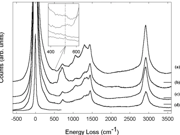 Figure 7. HREEL spectra of 1,6-HDT monolayers and bilayers at different incident energies: (a) bilayer (6 eV), (b) bilayer (3 eV), (c) monolayer (6 eV), and (d) monolayer (4 eV)