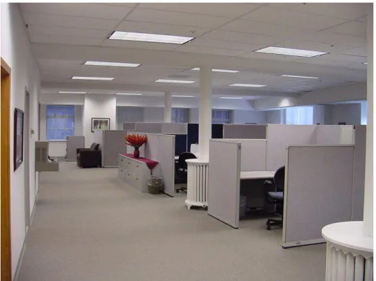 Figure 10. General view of workstations showing different fabric reflectances, and decorative elements  external to workstations, and Lighting Design 1 (Base Case)