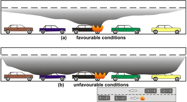 Figure 2  Smoke spread in a bi-directional traffic road tunnel 