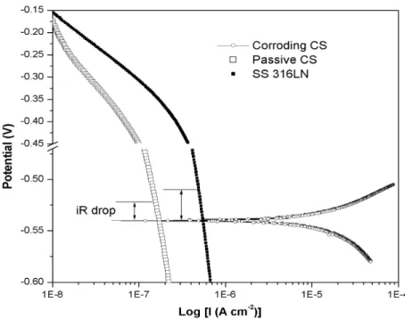 Figure 5. Polarization curves of corroding CS, passive CS and SS 316LN measured in a saturated Ca(OH) 2  solution.