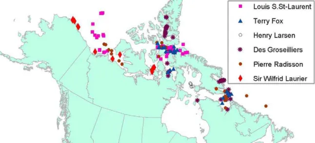 Figure 2:  Location of data collection for the six Canadian Coast Guard icebreakers. 