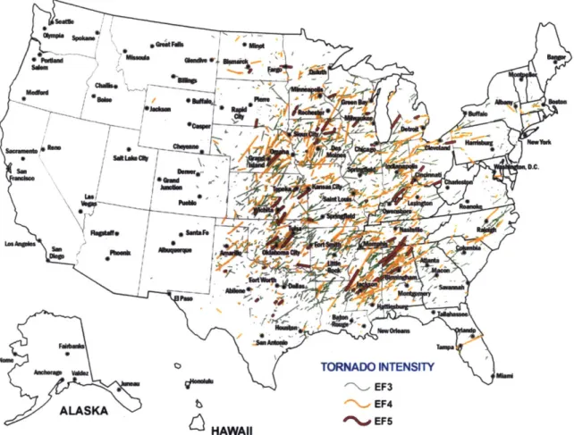 Figure  2-2:  Recorded  EF3,  EF4  EF5  level  tornadoes  in  the  US Source:  FEMA-P-320  (2014)