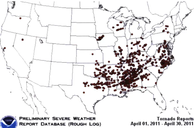 Figure  3-1:  April  2011  tornado  occurrences Source:  NOAA  (2011b)