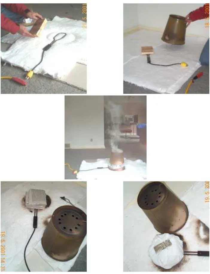 Figure 3.  Wood, paper, polyurethane foam wrapped with cotton flannel on an electric igniter,  covered by a perforated metal bucket 