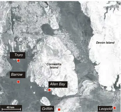 Figure 2  Sampled first-year ice sites   (January 2002 RADARSAT image courtesy of CIS)