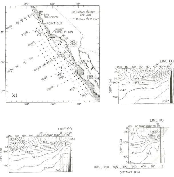 Figure 4. (a) The CalCOFI station locations along different lines [from Lynn and Simpson,  1987]; (b) (c) and (d) are the vertical sections of mean salinity for the month of July along  CalCOFI station lines 60, 90 and 110 [from Lynn et al., 1982] Note the