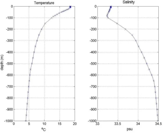 Figure 6. The temperature and salinity profiles for the California Current Core. 