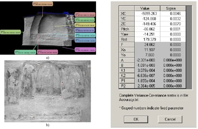 Figure 6. Pose calculation, a) 3D points selection in Polyworks using the shaded images, b) selection of homologous points in 2D  image with ShapeCapture, c) rigid transformation with lens parameters fixed by initial calibration
