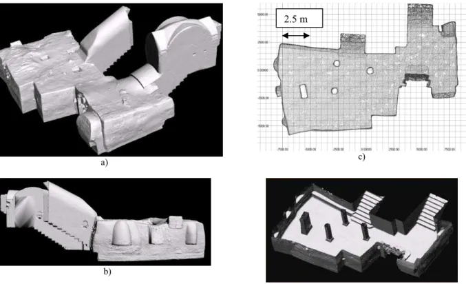 Figure 3. Complete 3D model of the Byzantine Crypt, a) view from outside shown with synthetic shading, b) a particular view of the  stairs leading to the Crypt, c) floor plan generated from an orthographic view of the 3D model of the Crypt showing the dime