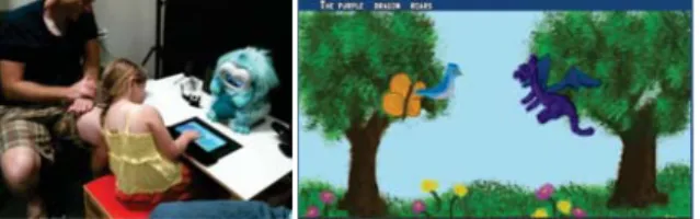 Figure 1: Experimental setup (left) and screenshot from the Story-maker app (right)
