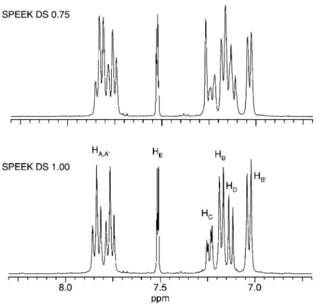 Fig. 2. 1 H NMR spectra of pure SPEEK polymer (dissolved directly in DMSO-d 6 ) with DSs of 0.75 and 1.00.