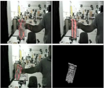 Figure 5: Tracking and imaging video sequence. Top- Top-left: the system searches for an object within the field of  view of the scanner; top-right: the object is found and a  very low-resolution distorted model is created;  left: tracking is resumed and t
