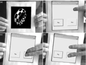 Figure 10 – (a) Augmented torus video (b) Virtual control panel appears when occlusion is detected (c) Point gesture over the stop button (d) Select gesture