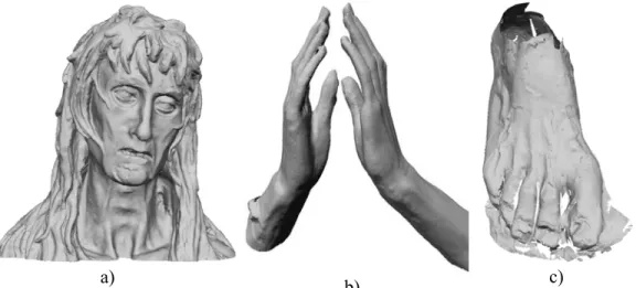 Figure 1 – Partial models: a) head; b) hands; c) right foot. Both a and b acquired with horizontal  resolution 0.25 mm, σ z =70 µm; c with horizontal resolution of 0.1 mm and σ z =21 µm 