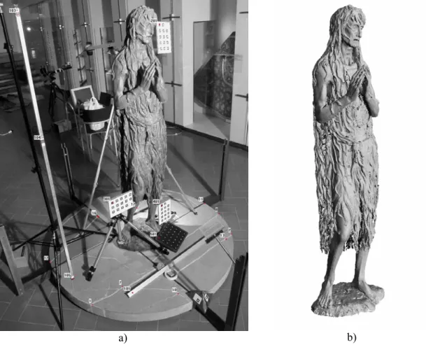 Figure 2 – Maddalena 3D modeling: a) Image taken for photogrammetry; b) 3D model of the  whole statue 