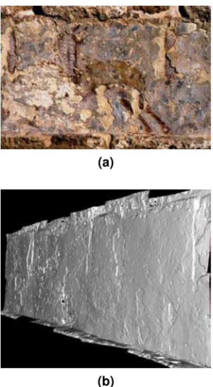 Figure 5. Frescoes at the Hippodrome in Cae- Cae-sarea. (a) photograph of a detail; (b) model from range images, the areas of loss due to surface spalling are clearly visible.