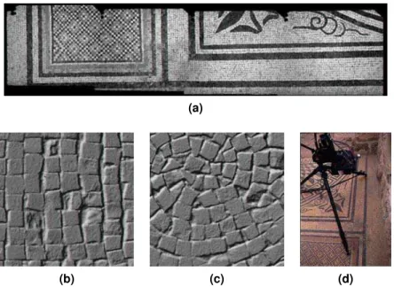 Figure 6. Roman mosaics in Caesarea. (a) model assembled from 4 scans; (b),(c) details of single scans; (d) the sensor in operation.