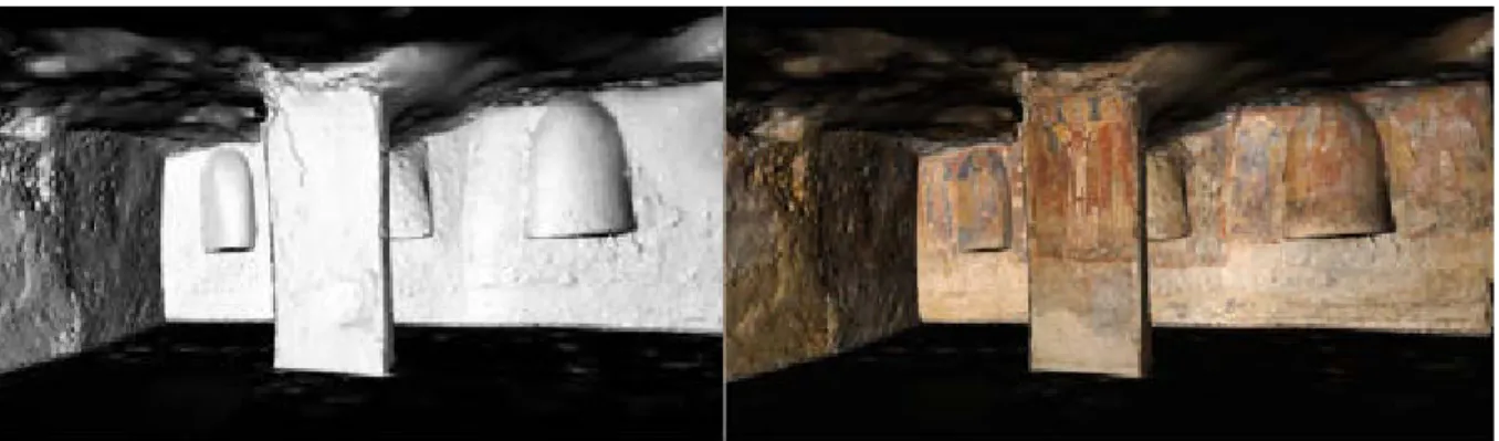 Figure 3: Texture mapping results of a Byzantine Crypt by combining Laser Scanner Data (left) and  high-resolution color textures mapped on the model of the Crypt (from Beraldin, 2002)