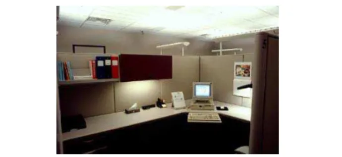 Figure 2:  Split exterior blinds allow the occupant  to prevent direct glare through the lower section  (shown closed) while lighting the office with daylight  through the upper section (shown partly closed)