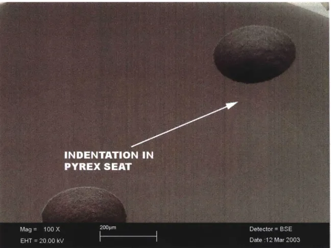 Figure  11:  SEM  of the Pyrex surface  after bonding. The faint circle shows  the indentation made by  the silicon during the anodic  bonding  process.