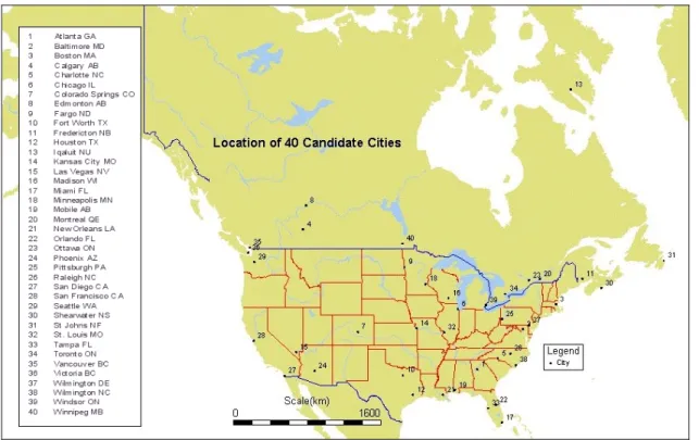 Figure 1. The map of North America shows the locations of the candidate cities.