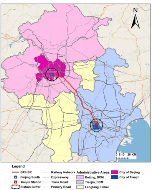 Fig. 3 Geography of Beijing–Tianjin Intercity Railway. (Created by the authors based on data from OpenStreetMap.org)