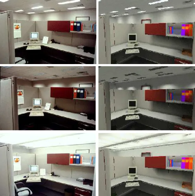 Figure 1.  An open-plan office space lit with three different lighting systems.  Photographs of the real space (left) are compared with Lightscape renderings (right).