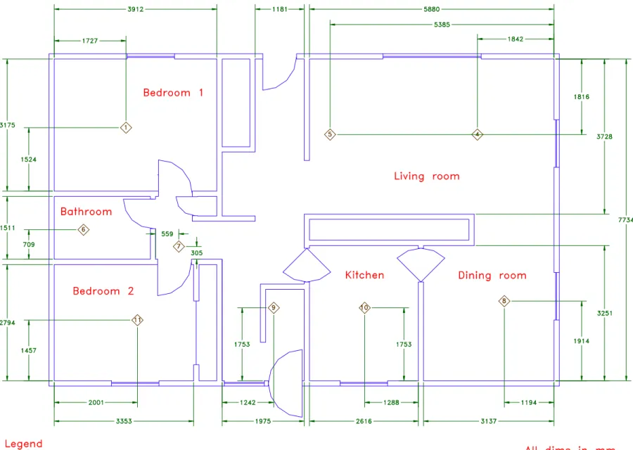 Figure 2.  (a) Ground floor plan of the experimental house.