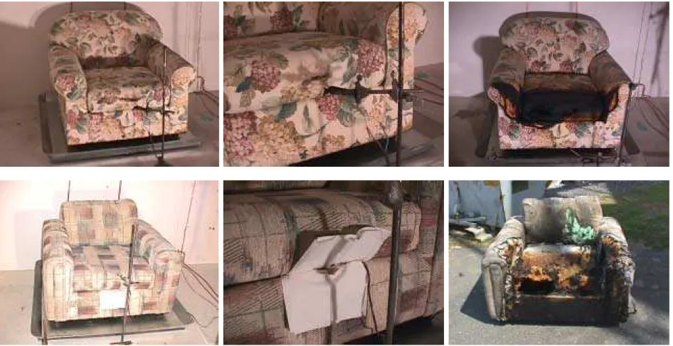 Figure 3.  Upholstered chairs before and after smoldering (1 st  row) and flaming (2 nd  row) fire tests