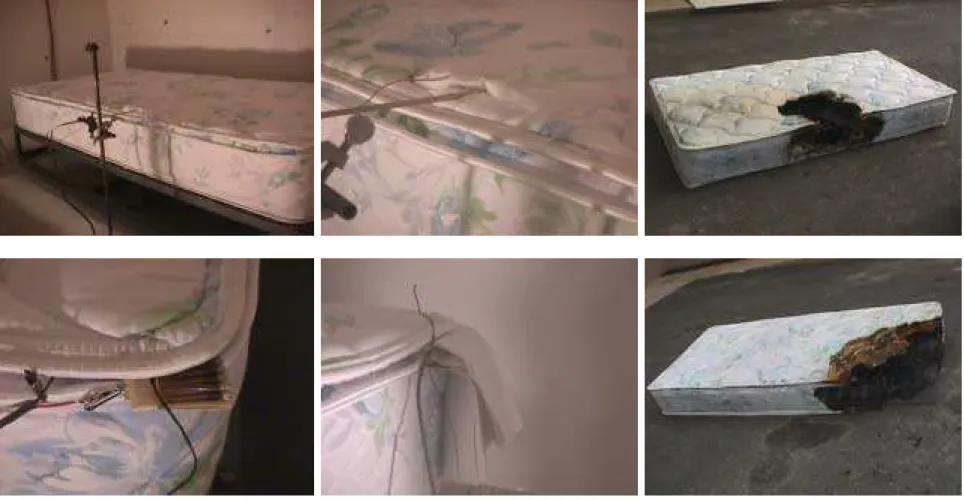 Figure 4.  Twin-size mattresses before and after smoldering (1 st  row) and flaming (2 nd  row) fire tests