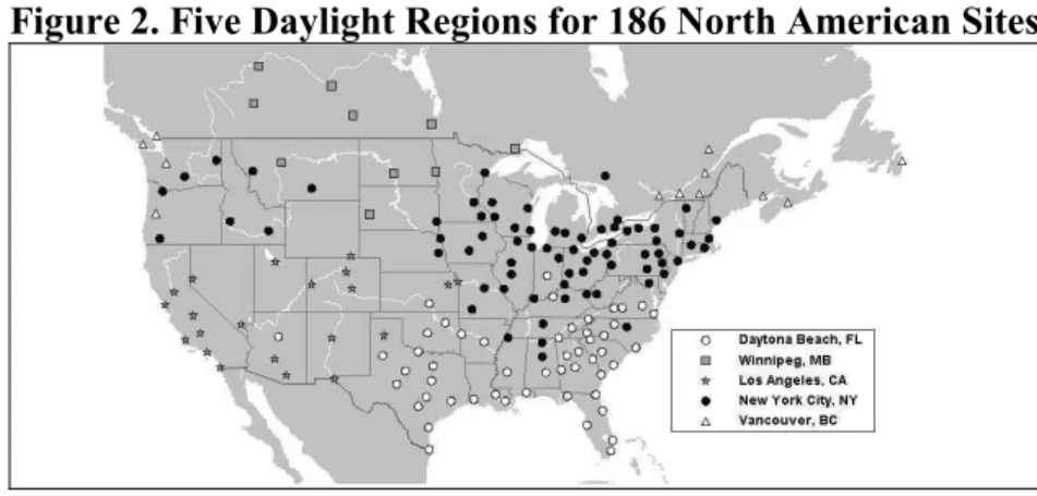 Figure 2. Five Daylight Regions for 186 North American Sites  