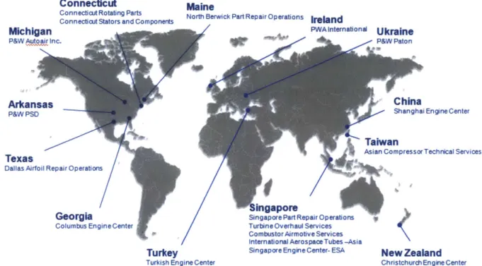 Figure  6: Map  of the Pratt &amp; Whitney  aftermarket  facilities  around the world.